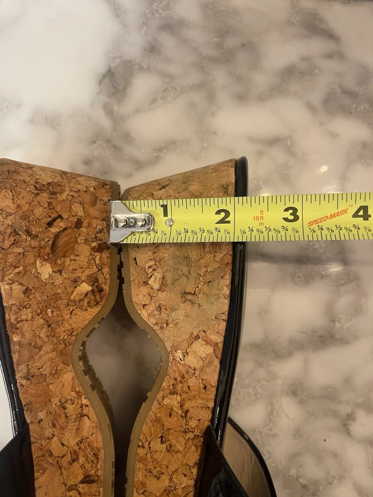 Jimmy Choo Black Patent Leather Pandra Sandal Cork Wedges, Gold Toe, Size 37/7