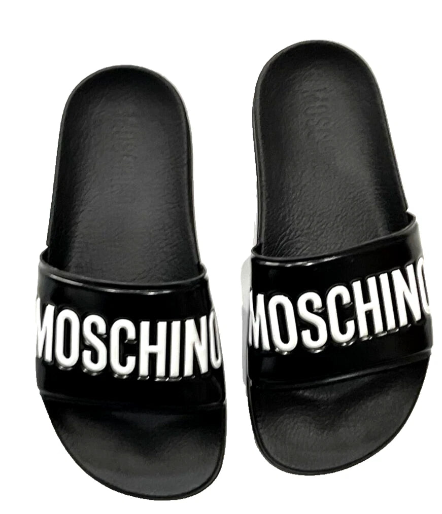 Moschino women's Logo Rubber Flat Slide Sandals - size 35 / US 5 - Black