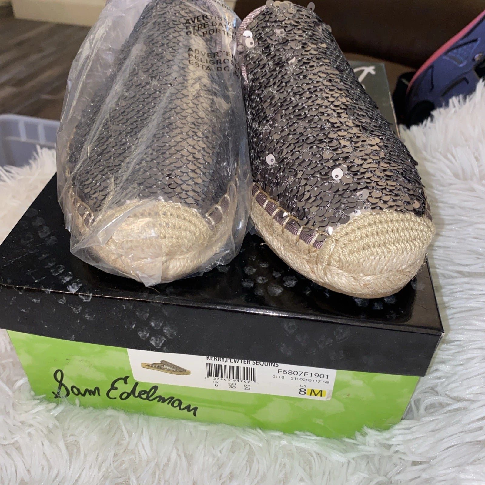 Sam Edelman Kerry Slip On Espadrille Slide Mule Flats Pewter Sequins Size 8 NIB