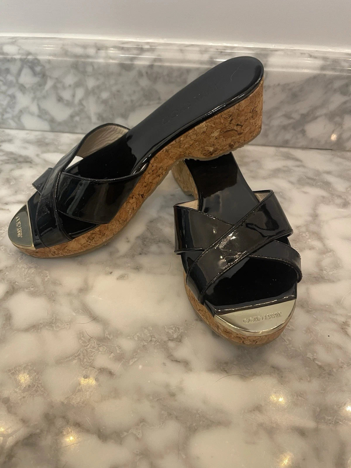 Jimmy Choo Black Patent Leather Pandra Sandal Cork Wedges, Gold Toe, Size 37/7