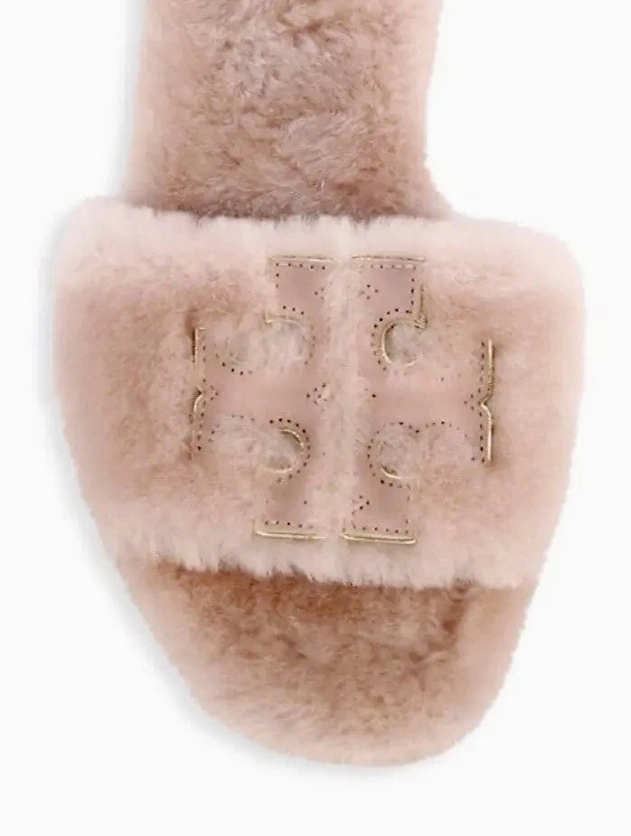 TORY BURCH SHEARLING SLIDE SANDAL SHELL PINK /GOLD TRIM DOUBLE LOGO SZ US 10 NIB