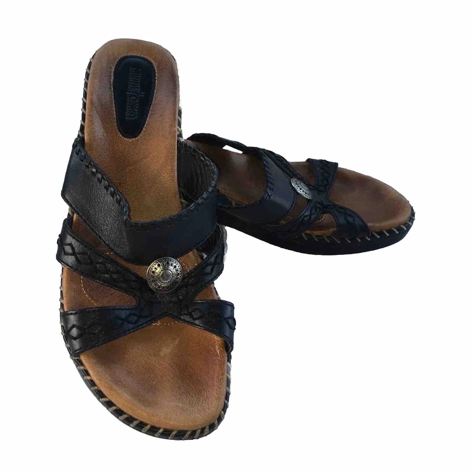 MINNETONKA BLACK LEATHER COMFORT SANDALS Womens  Sz 9 Style 70403