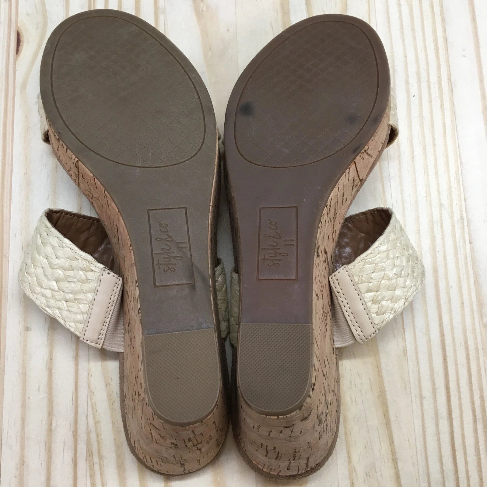 Style & Co. Sandals Womens 11 M Daliaa Wedge Slides Beige Faux Leather Cork NEW