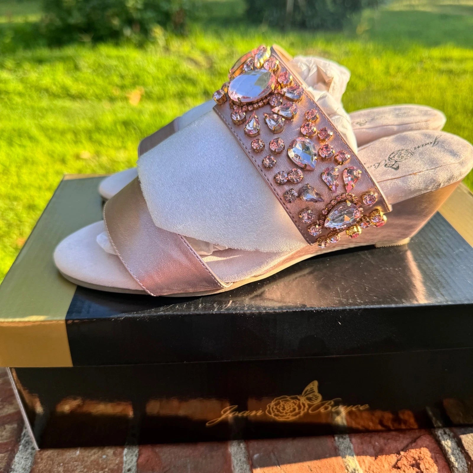 Joan Boyce Rosegold Jeweled Wedge Slides Size 7W Embellished Sandals New in Box