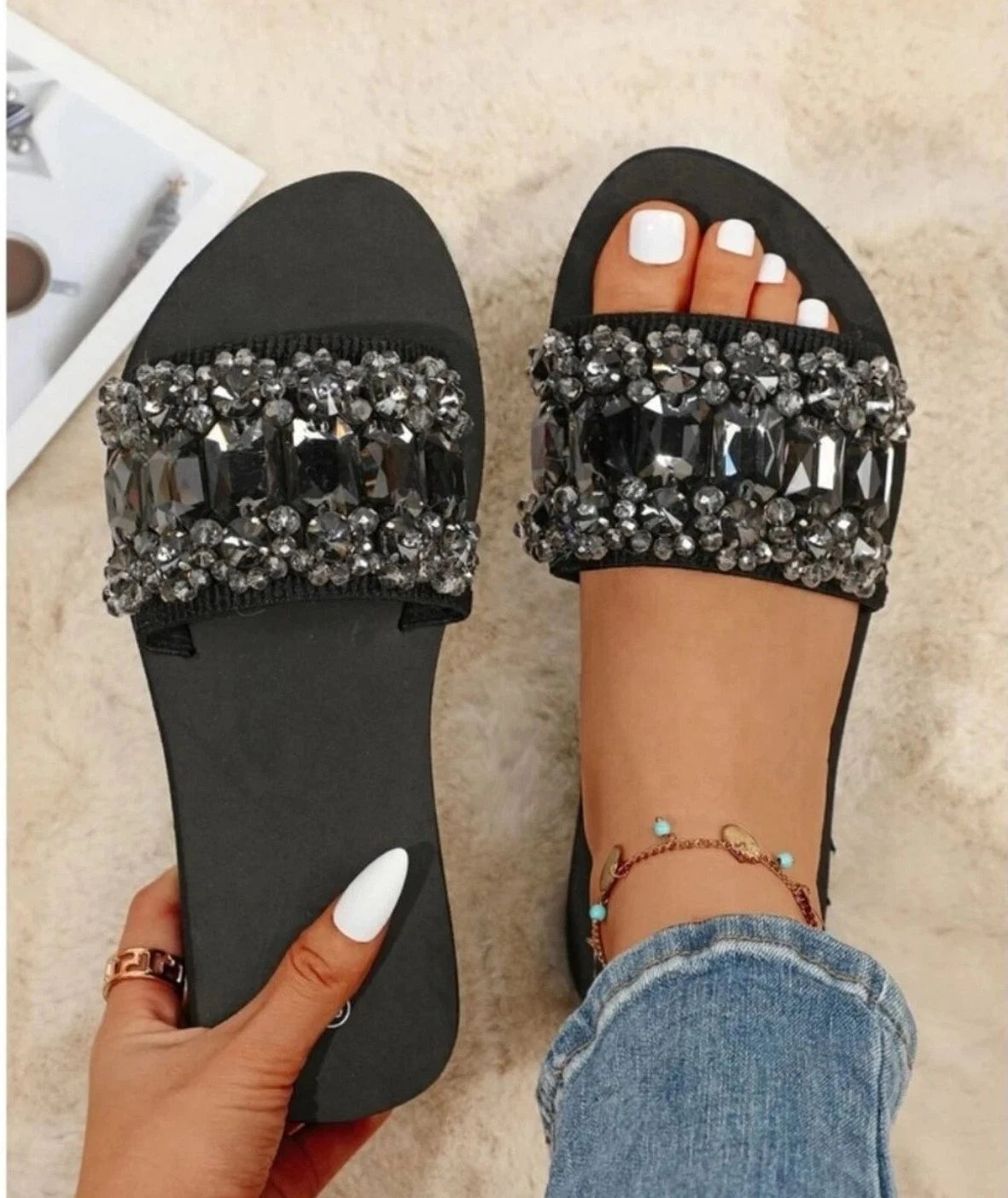 Rhinestone Size 8.5 EU 39 Decor Single Strap Slides, Black Fashionable Sandal
