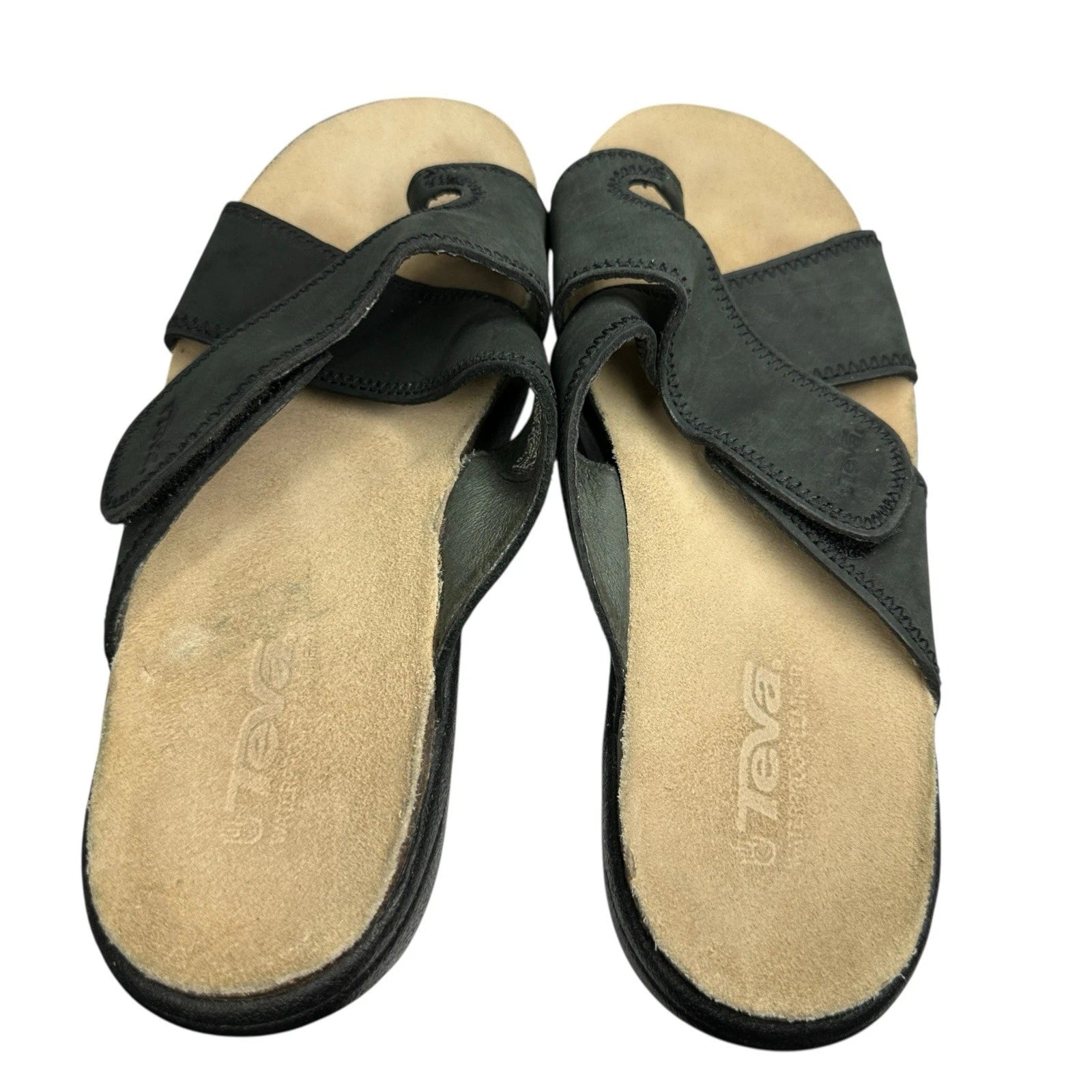 Teva Sandals Black Leather Casual Cork Strap Slides Womens Sz 9 Style 6334