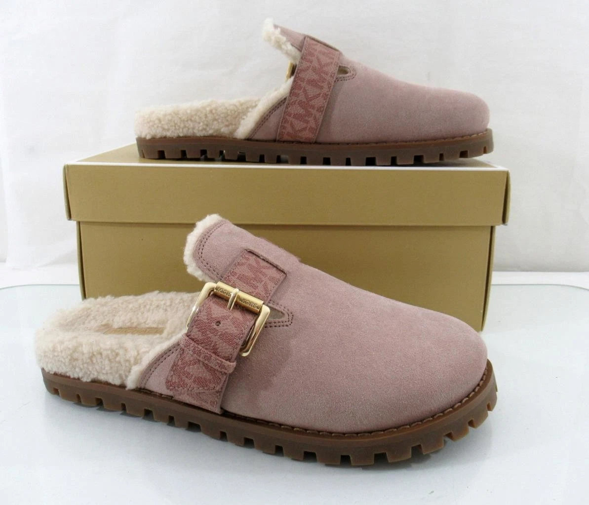 Michael Kors Judd Closed Toe Suede Lug Sole Slide MK Logo Fawn Light Pink Size 7