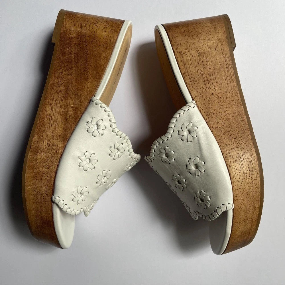 Jack Rogers Platform Wedge White Leather Sandals Size 9.5M Rory Style Scalloped