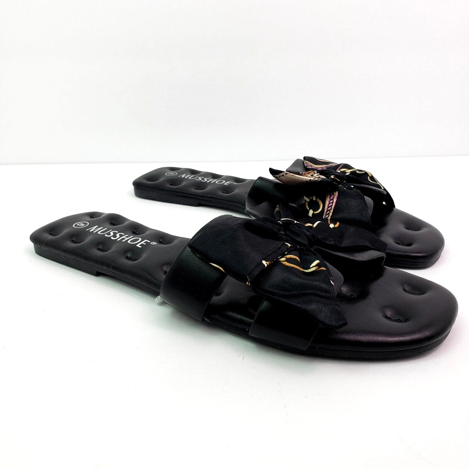 Musshoe Womens Size 9 Black Bow Slip On Formal Fashion Slide Flat Sandals