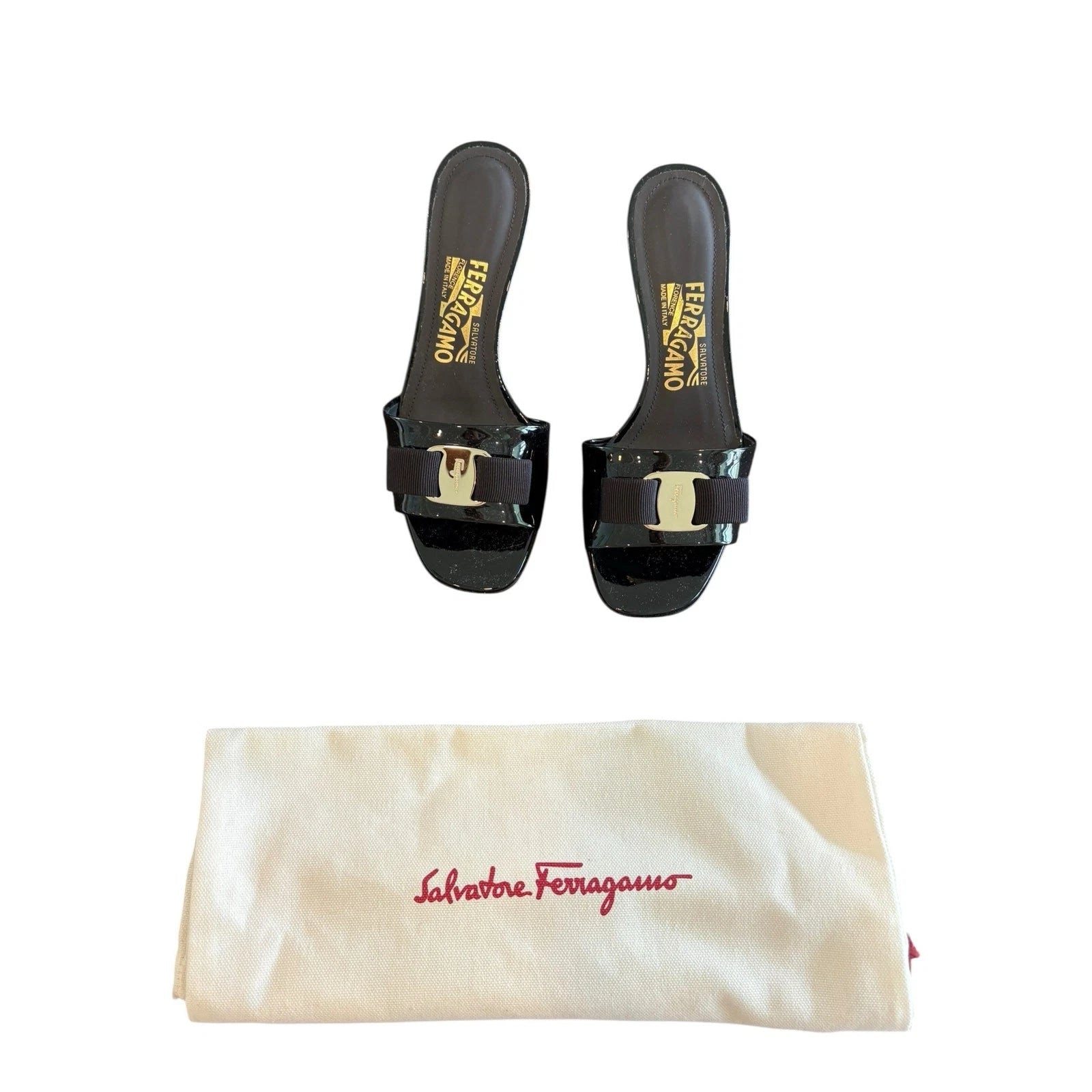 Salvatore Ferragamo Glo Sandals Kitten Heel Vara Bow Slide Patent Leather Sz 6.5