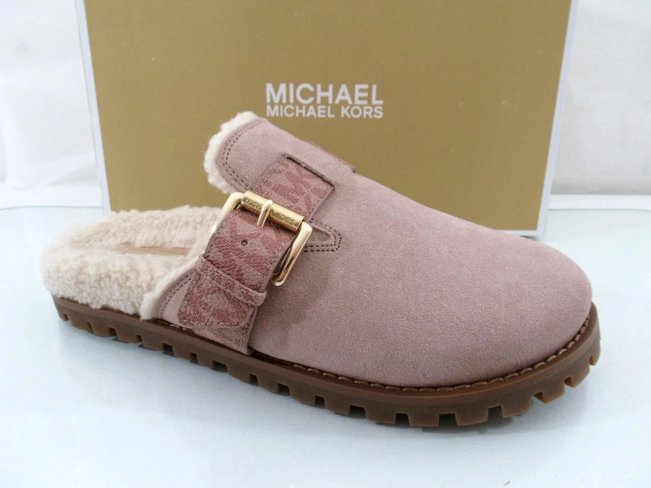 Michael Kors Judd Closed Toe Suede Lug Sole Slide MK Logo Fawn Light Pink Size 7