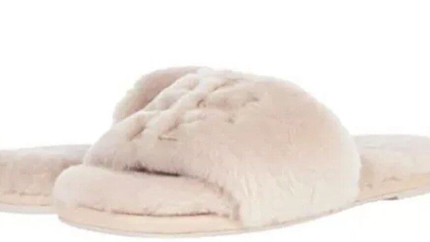 TORY BURCH SHEARLING SLIDE SANDAL SHELL PINK /GOLD TRIM DOUBLE LOGO SZ US 10 NIB