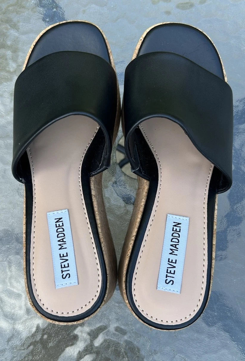 Steve Madden Women’s 7.5 Black Leather Chippy Platform Y2K Style Wedge Shoes