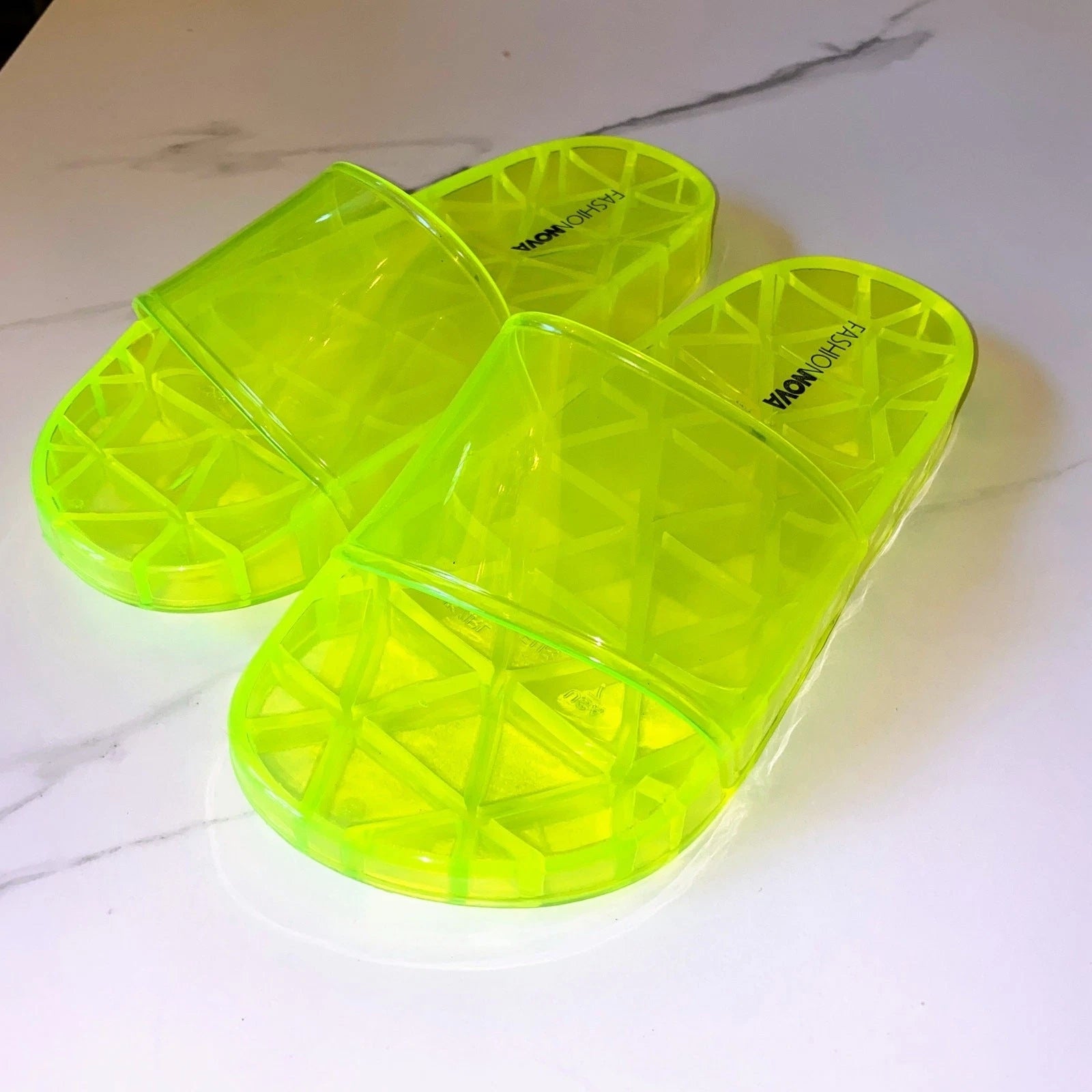 New Vegan Fashion Nova 7 Neon Yellow Jelly Slide Sandals Crystal Green Slip On