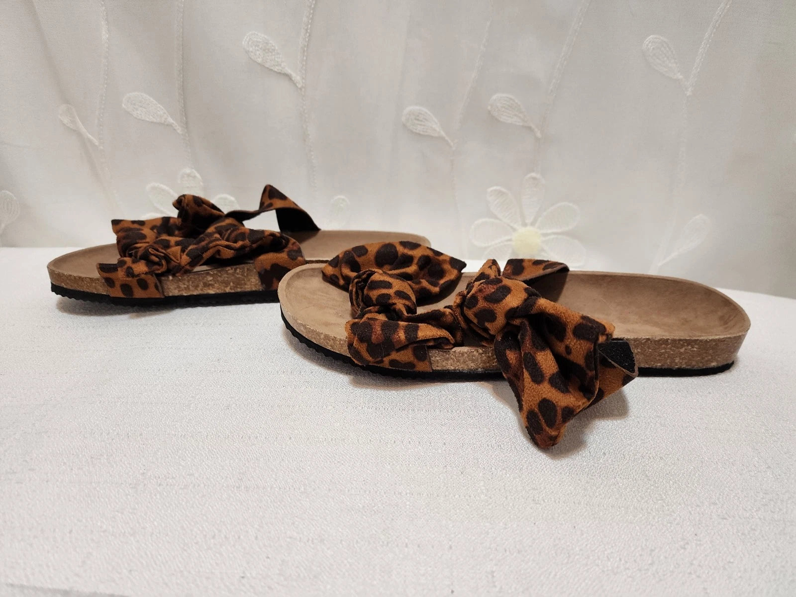 Women Size 9 Brown Sandals Bowknot Cork Leopard Cheetah Spring Summer Fashion