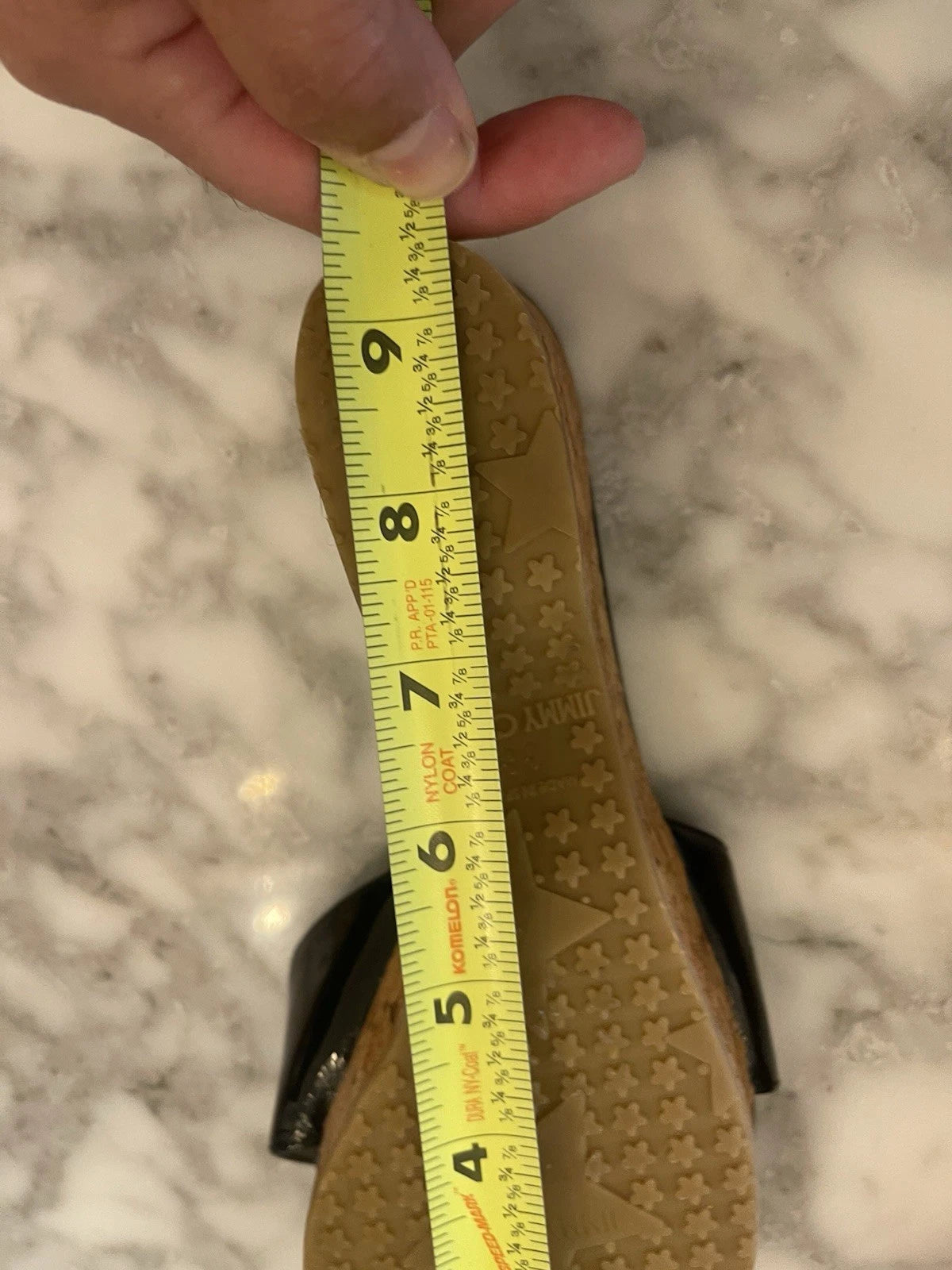 Jimmy Choo Black Patent Leather Pandra Sandal Cork Wedges, Gold Toe, Size 37/7