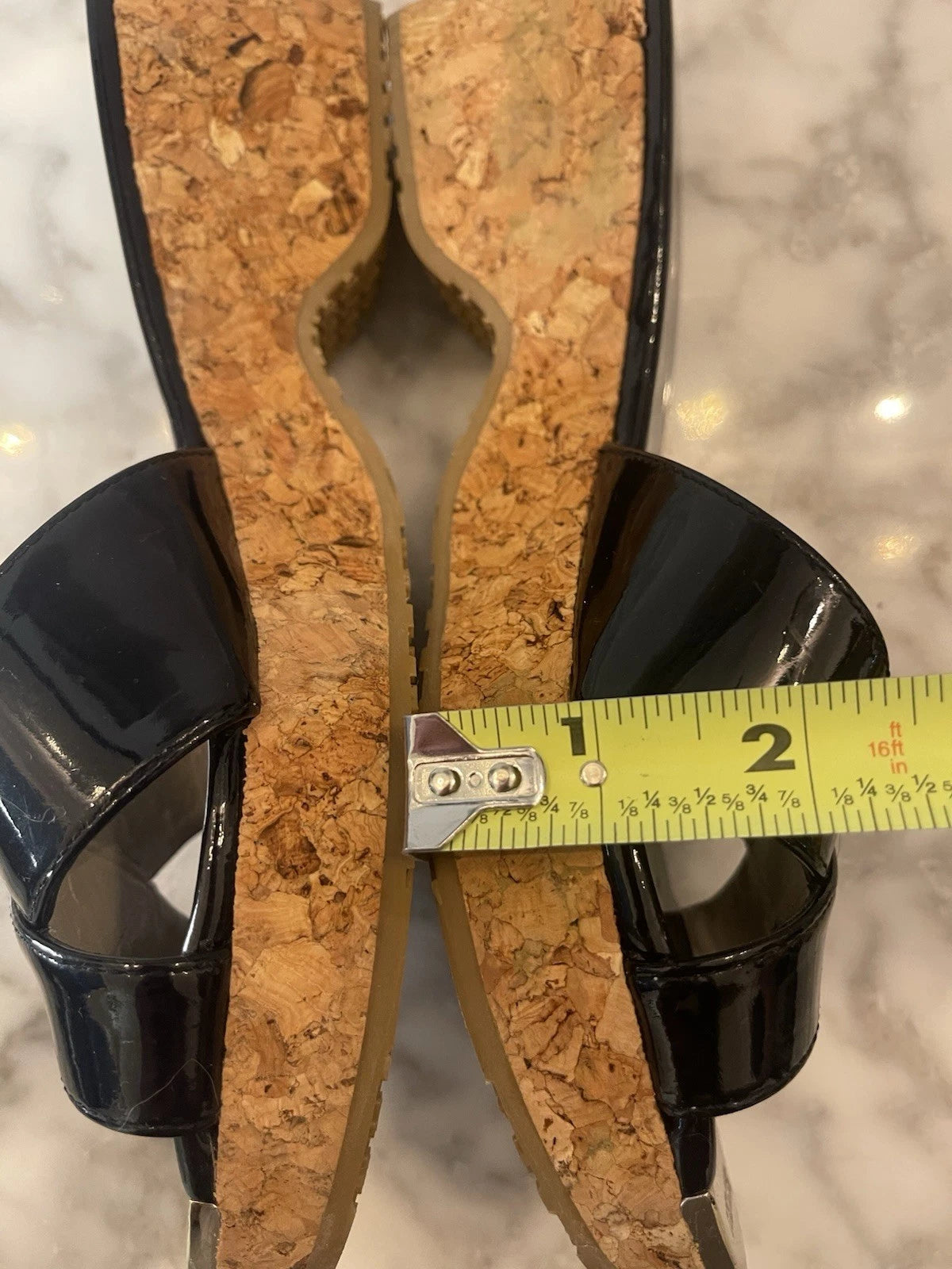 Jimmy Choo Black Patent Leather Pandra Sandal Cork Wedges, Gold Toe, Size 37/7