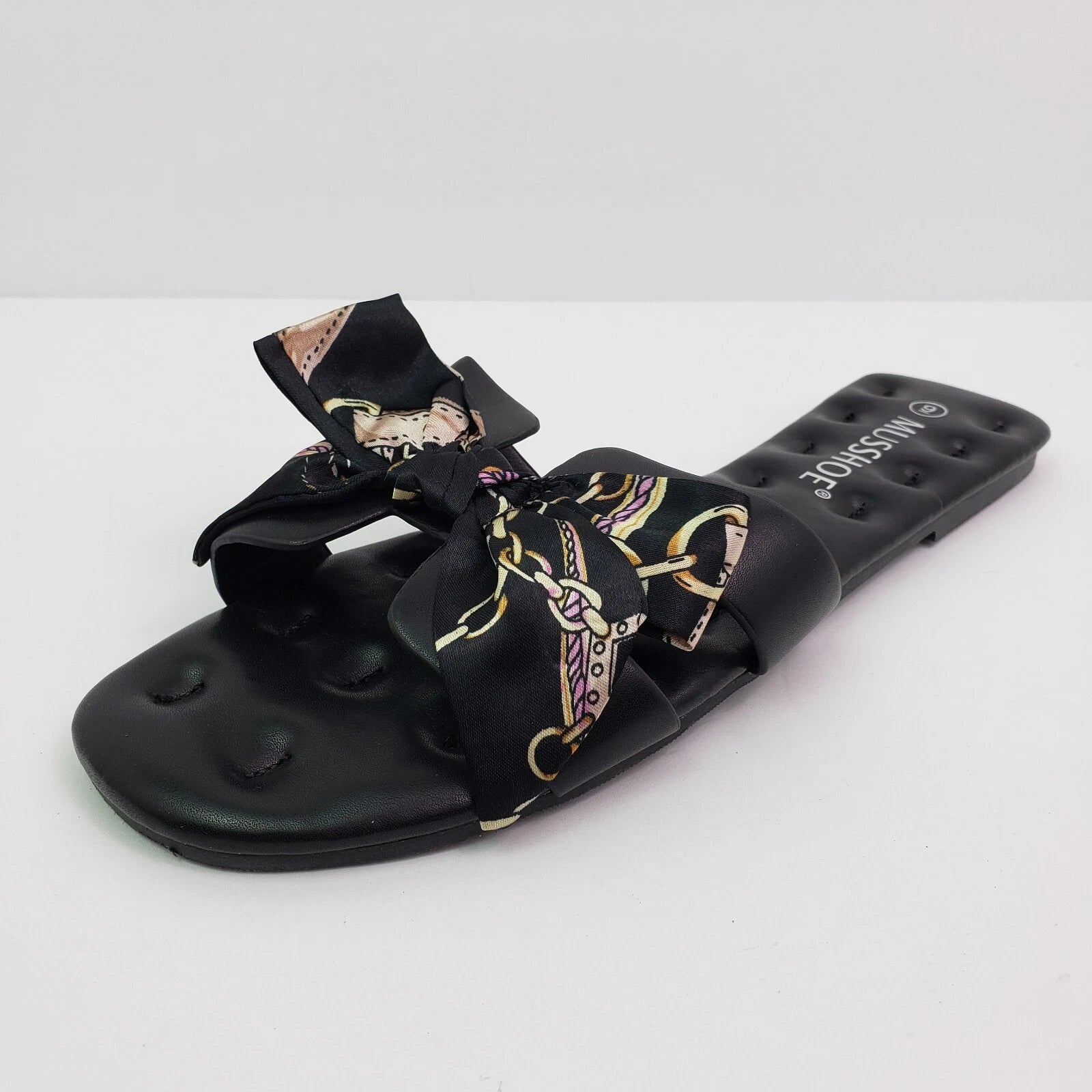 Musshoe Womens Size 9 Black Bow Slip On Formal Fashion Slide Flat Sandals