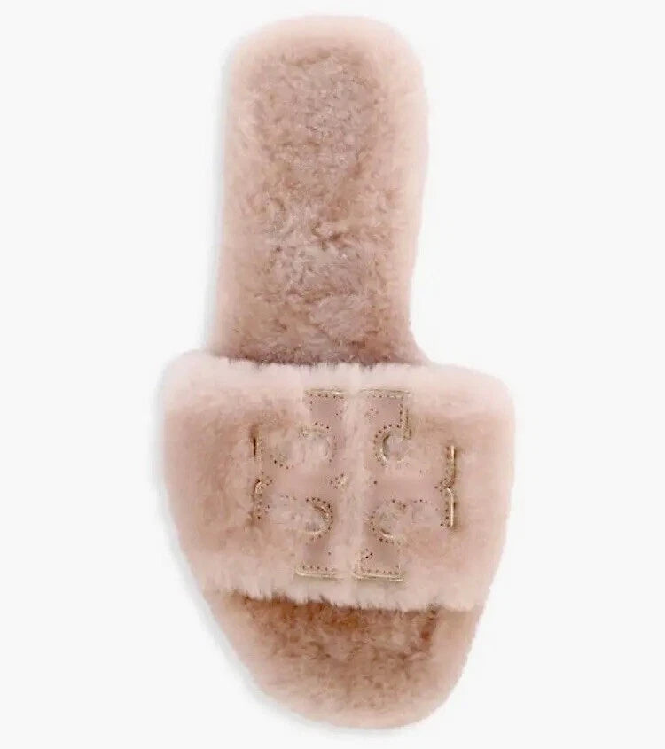 TORY BURCH SHEARLING SLIDE SANDAL SHELL PINK /GOLD TRIM DOUBLE LOGO SZ US 10 NIB