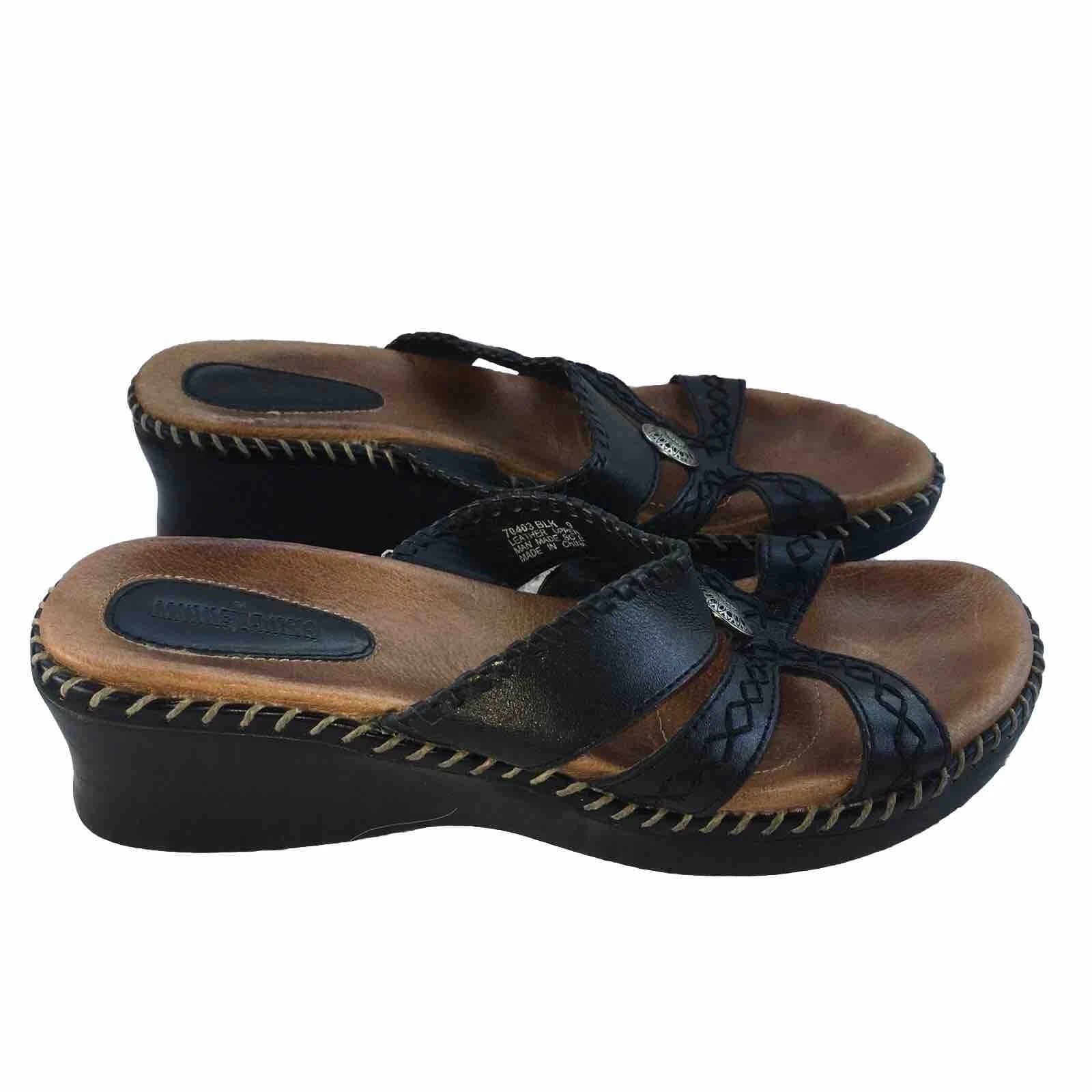 MINNETONKA BLACK LEATHER COMFORT SANDALS Womens  Sz 9 Style 70403