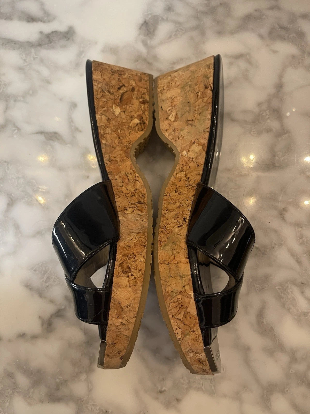 Jimmy Choo Black Patent Leather Pandra Sandal Cork Wedges, Gold Toe, Size 37/7