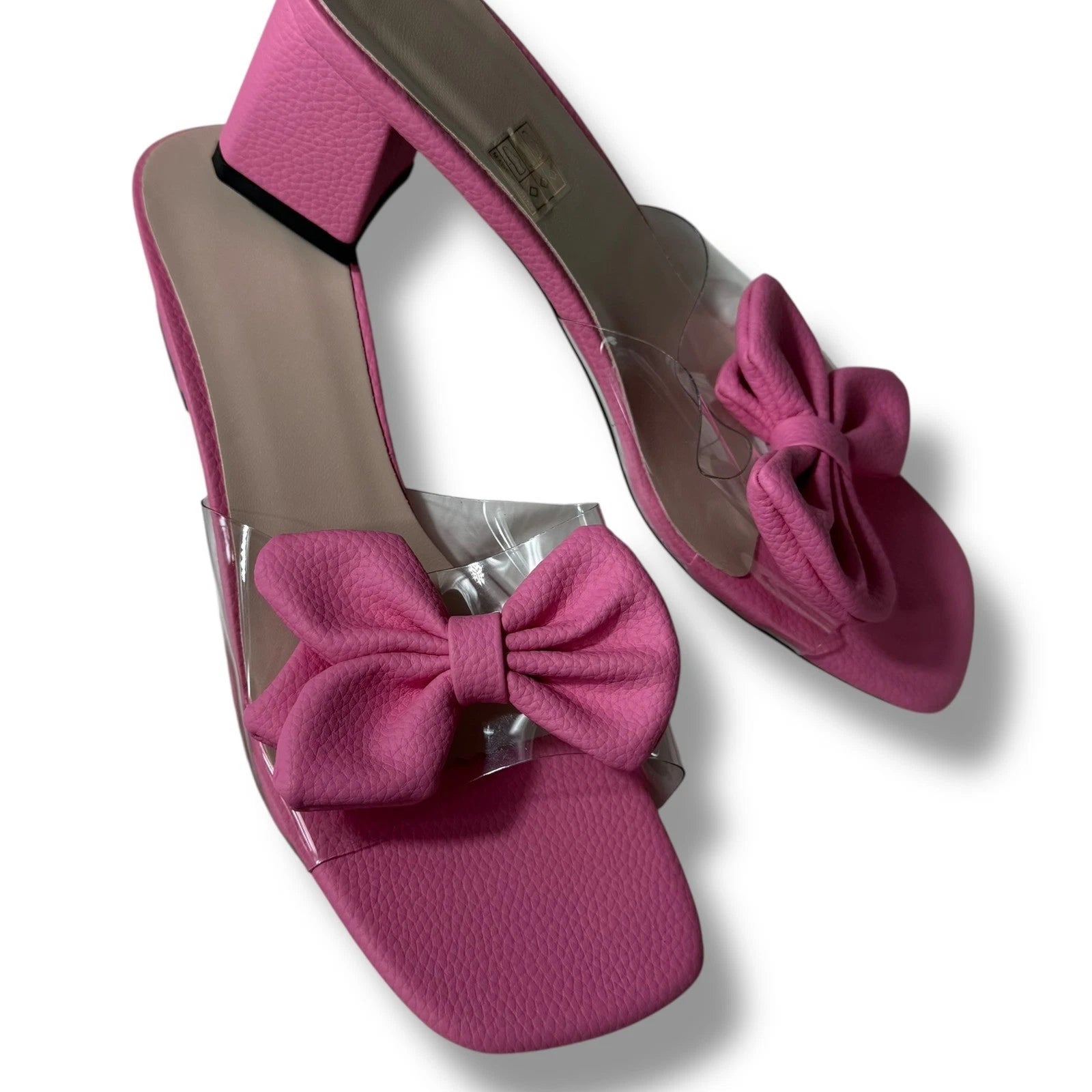 Pink Flower Sandals Slide Clear transparent Strap Block Heels Women's Sz 40/9