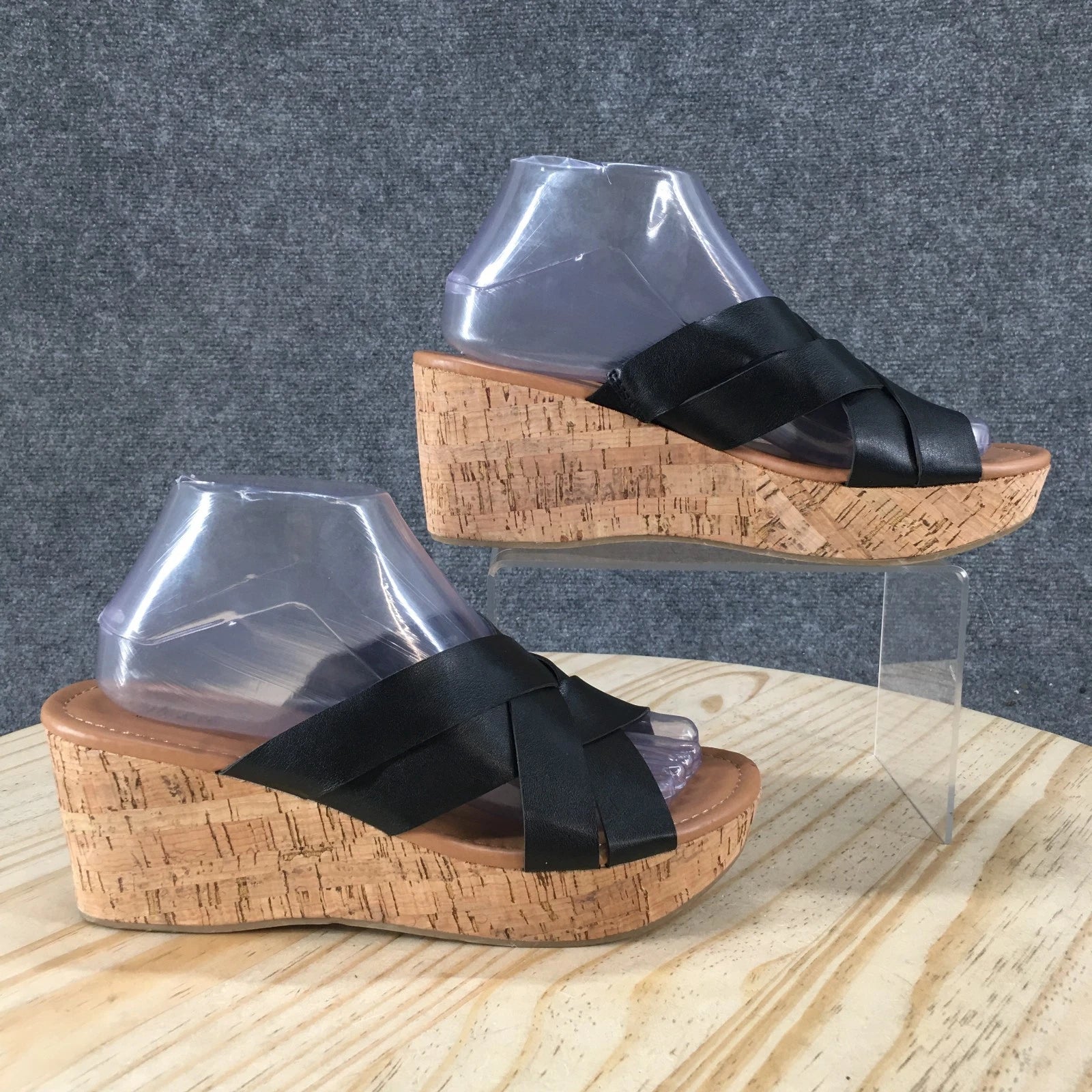 Style & Co. Sandals Womens 8 M Violette Wedge Slides Black Faux Leather Cork NEW