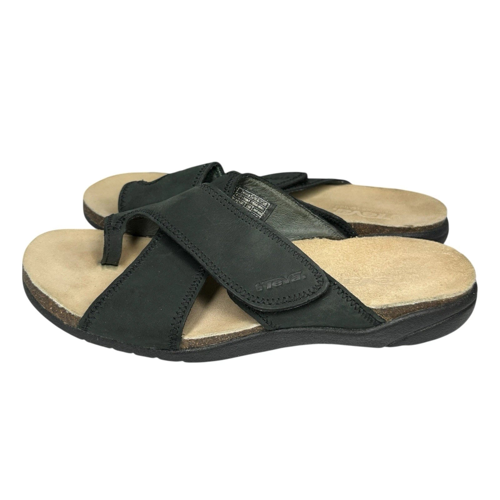 Teva Sandals Black Leather Casual Cork Strap Slides Womens Sz 9 Style 6334
