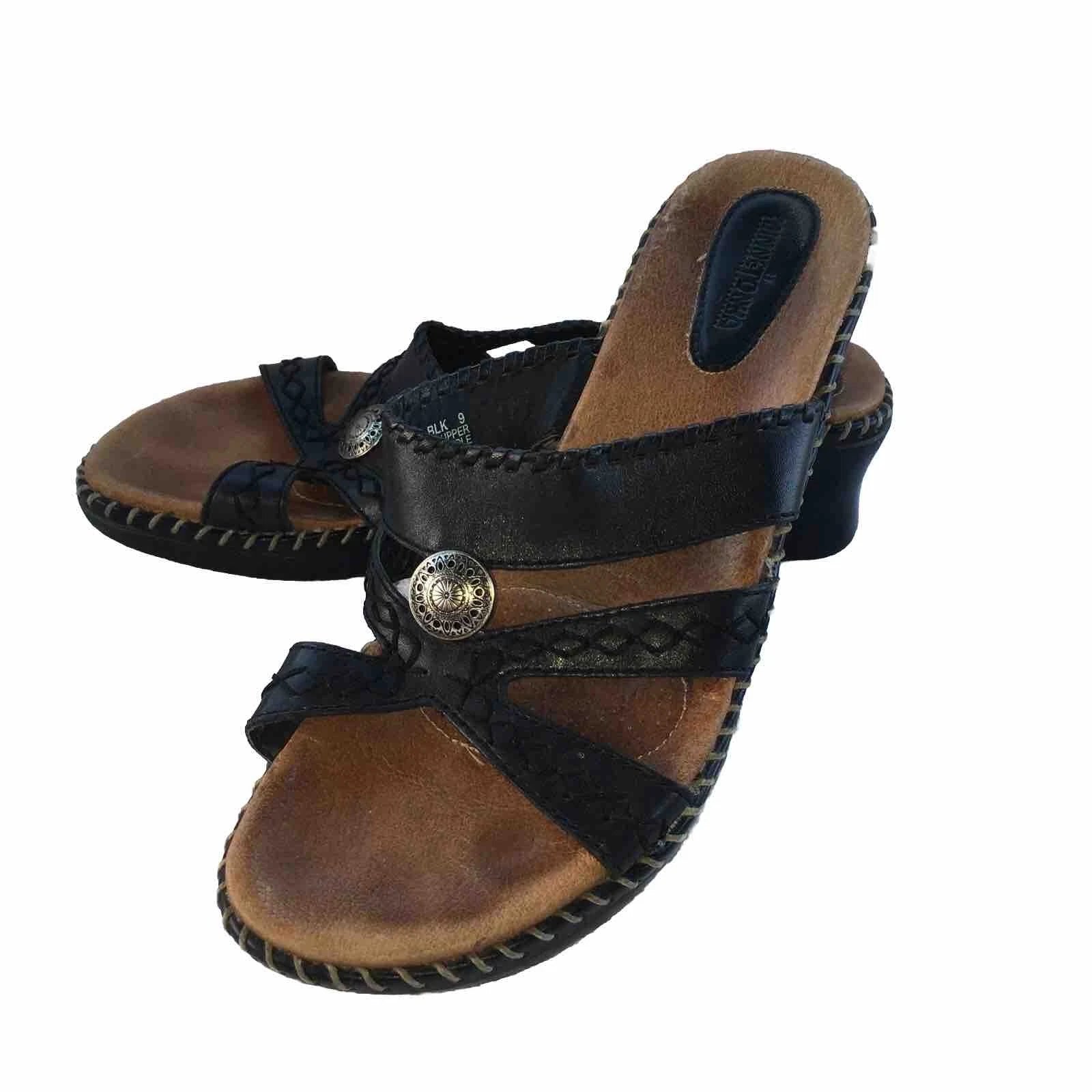 MINNETONKA BLACK LEATHER COMFORT SANDALS Womens  Sz 9 Style 70403