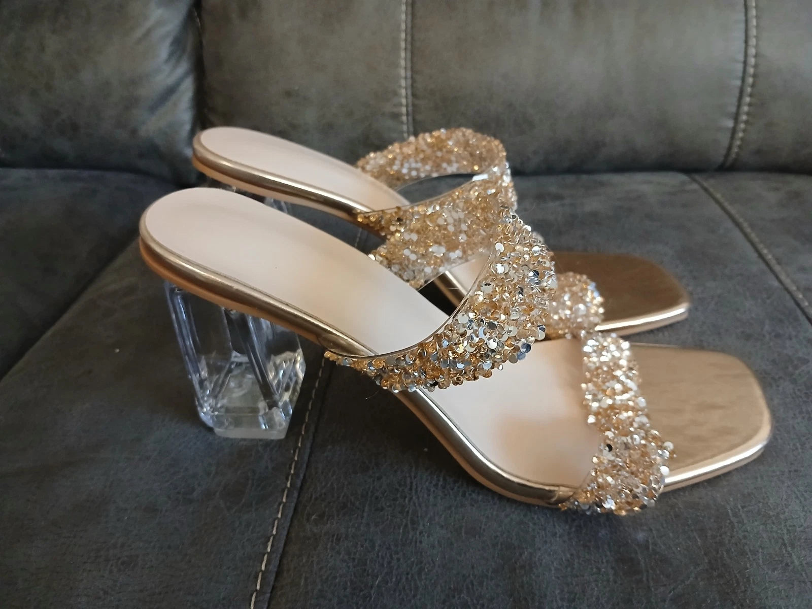 Sandal Heels Womens Slides BLING SPARKLE FASHION Heels NEW EU 42 USA 10 #1075