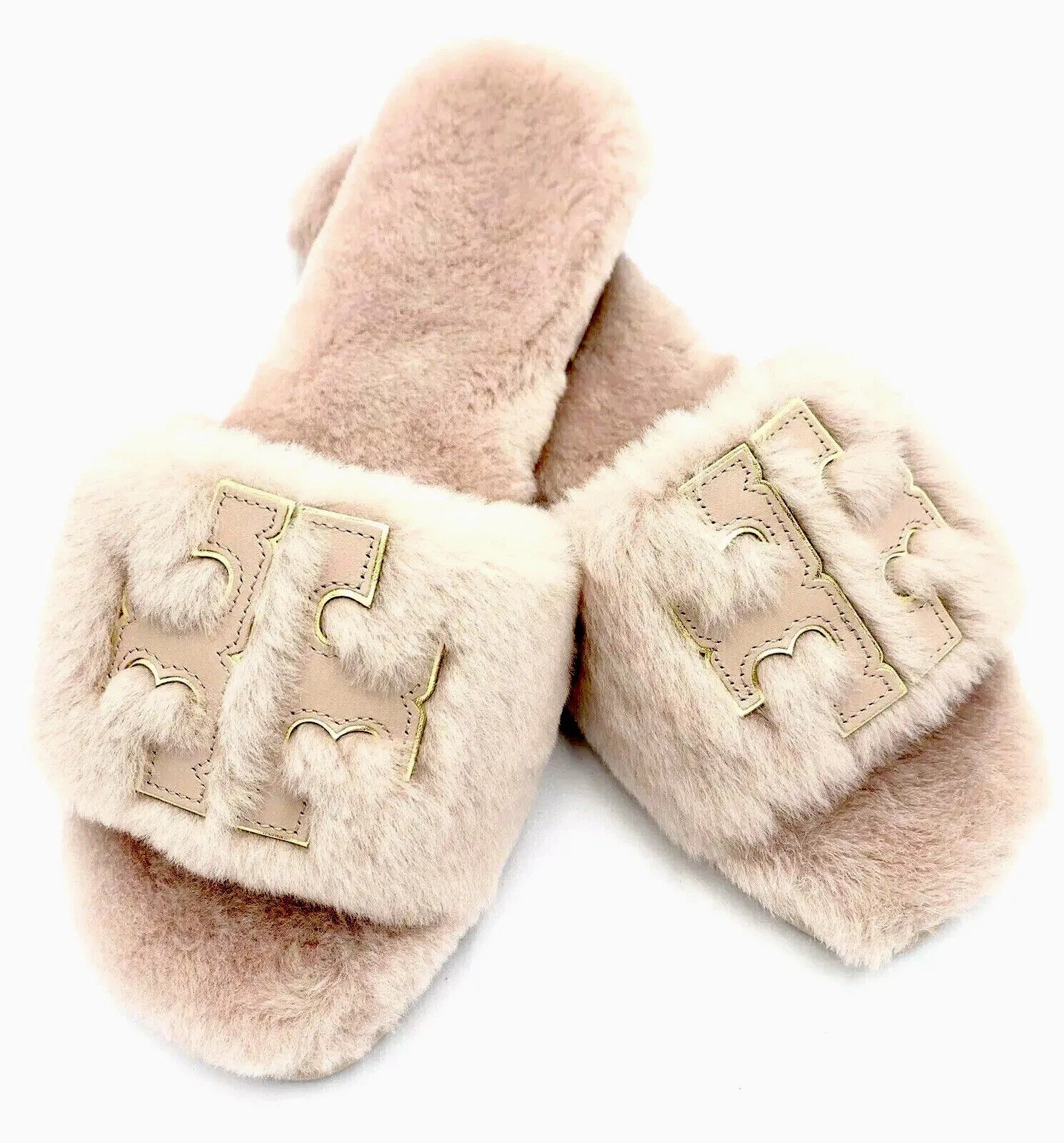 TORY BURCH SHEARLING SLIDE SANDAL SHELL PINK /GOLD TRIM DOUBLE LOGO SZ US 10 NIB