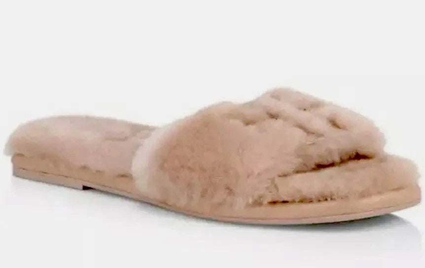 TORY BURCH SHEARLING SLIDE SANDAL SHELL PINK /GOLD TRIM DOUBLE LOGO SZ US 10 NIB