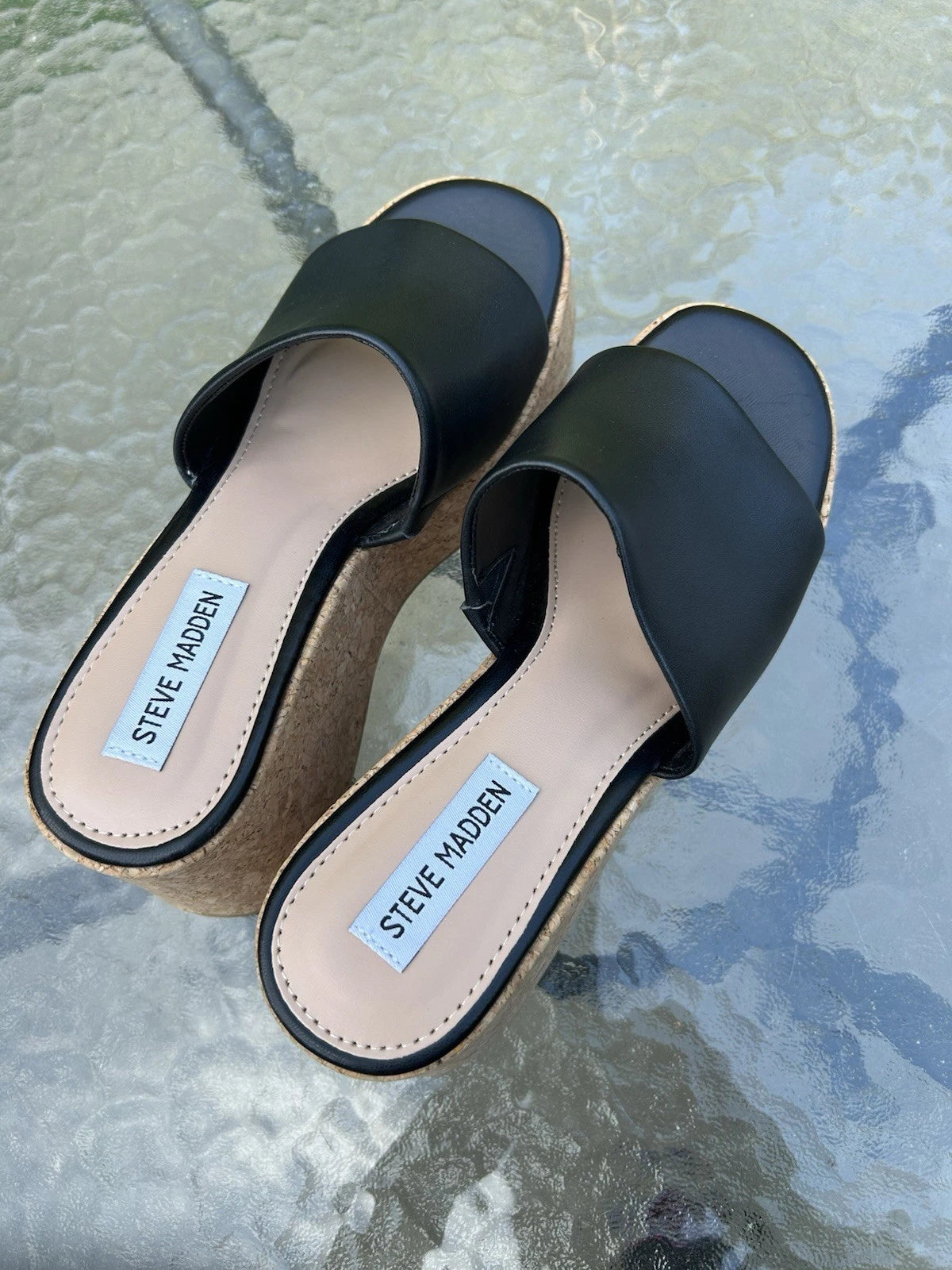 Steve Madden Women’s 7.5 Black Leather Chippy Platform Y2K Style Wedge Shoes