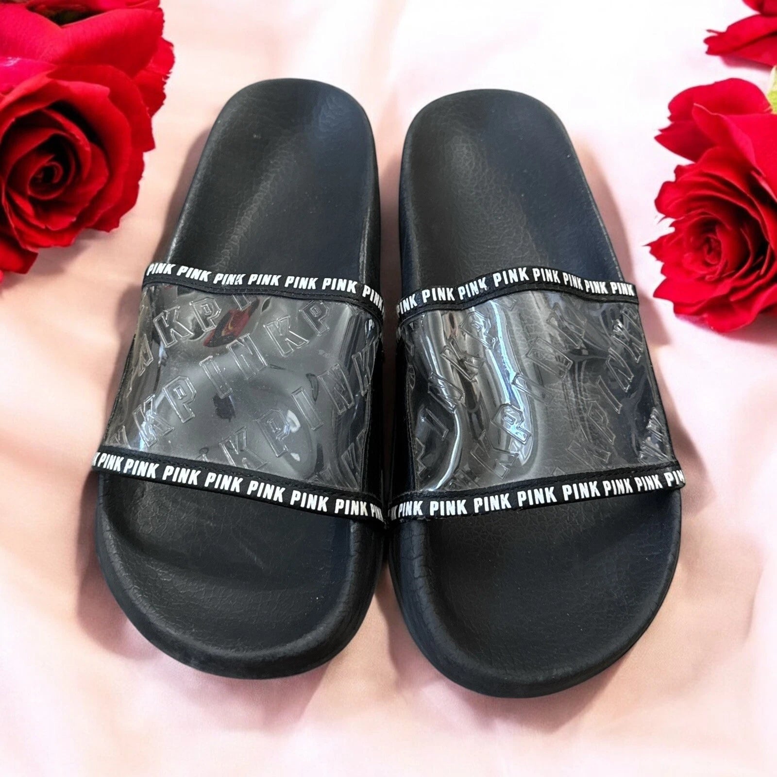 Victoria’s Secret  Pink black and clear Y2K style slide On Sandals L