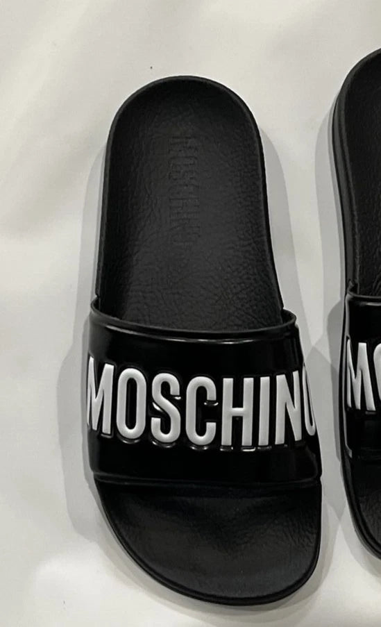 Moschino women's Logo Rubber Flat Slide Sandals - size 35 / US 5 - Black