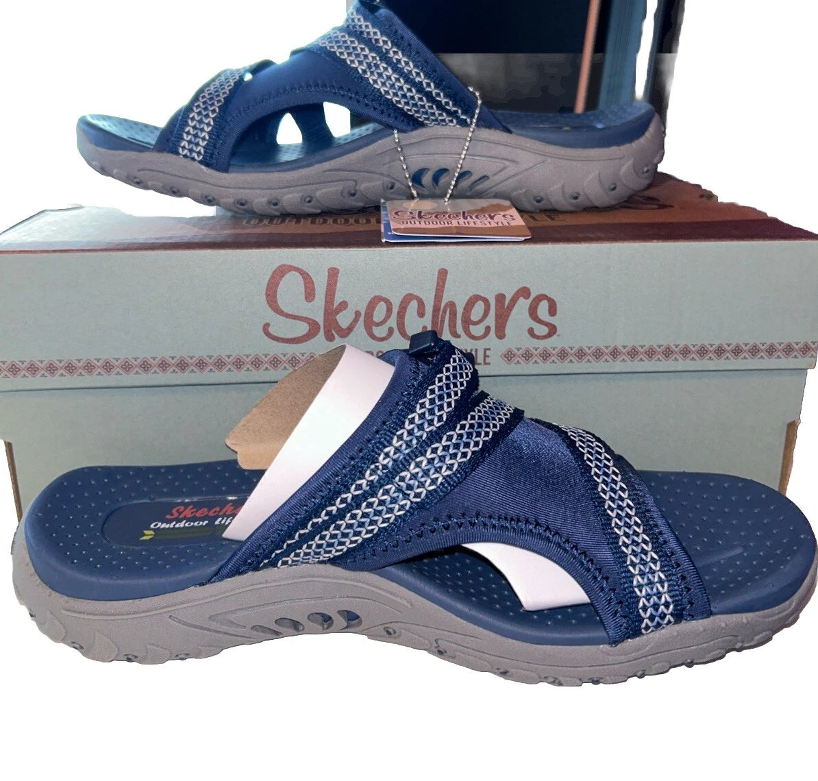 NWB Skechers Women's Reggae Slide Thru NAVY Slide Sandals Size 7 Style 163348