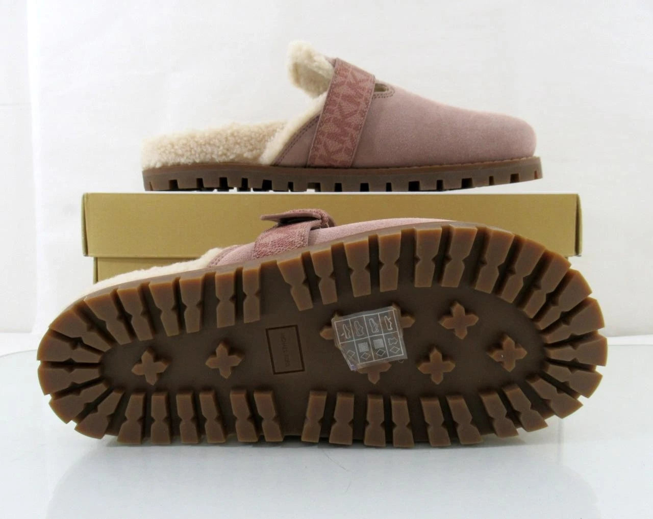 Michael Kors Judd Closed Toe Suede Lug Sole Slide MK Logo Fawn Light Pink Size 7