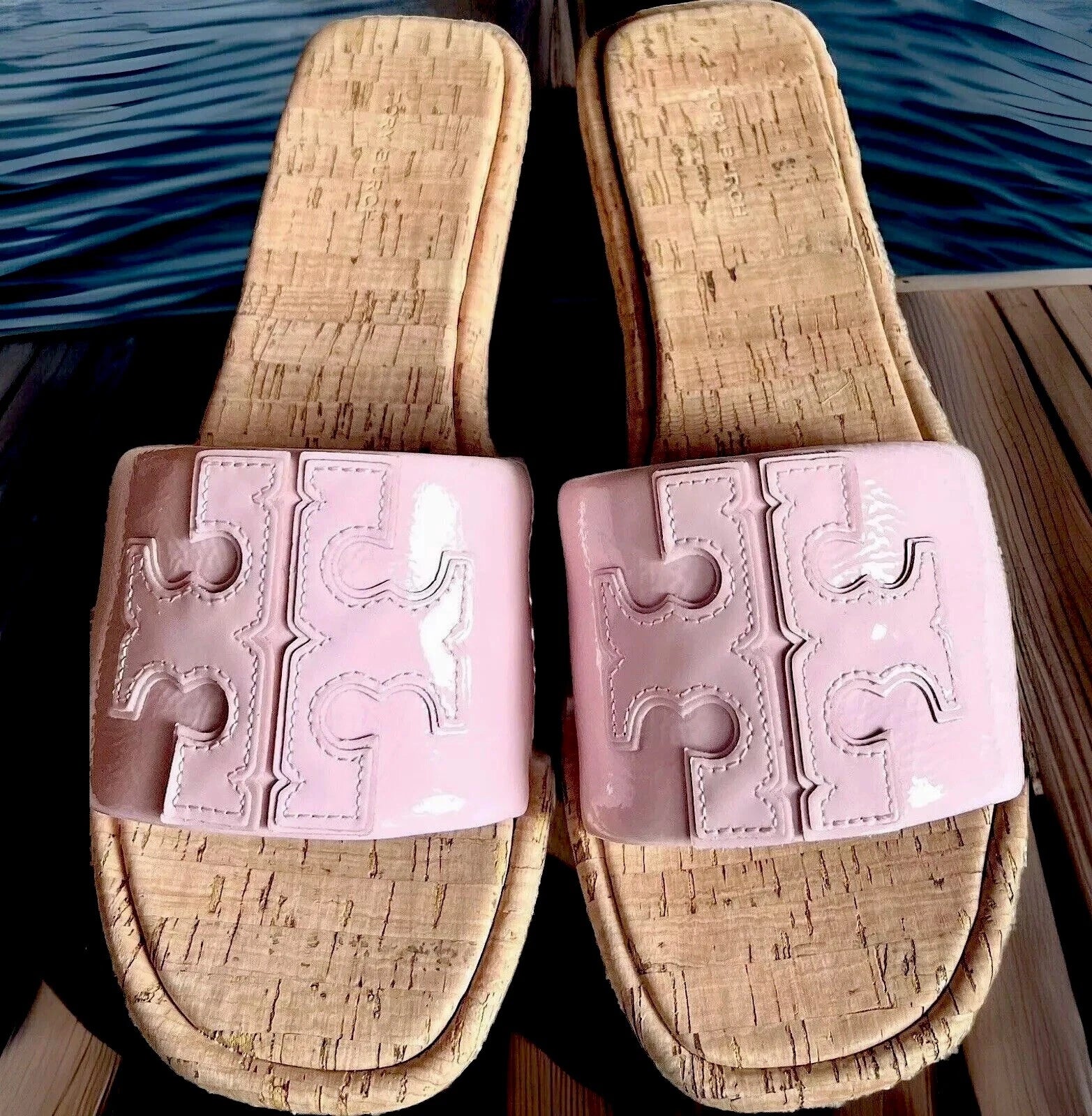 TORY BURCH DOUBLE T SPORT SLIDE SANDAL PATENT LEATHER PETUNIA/NATURAL SZ 10 NIB