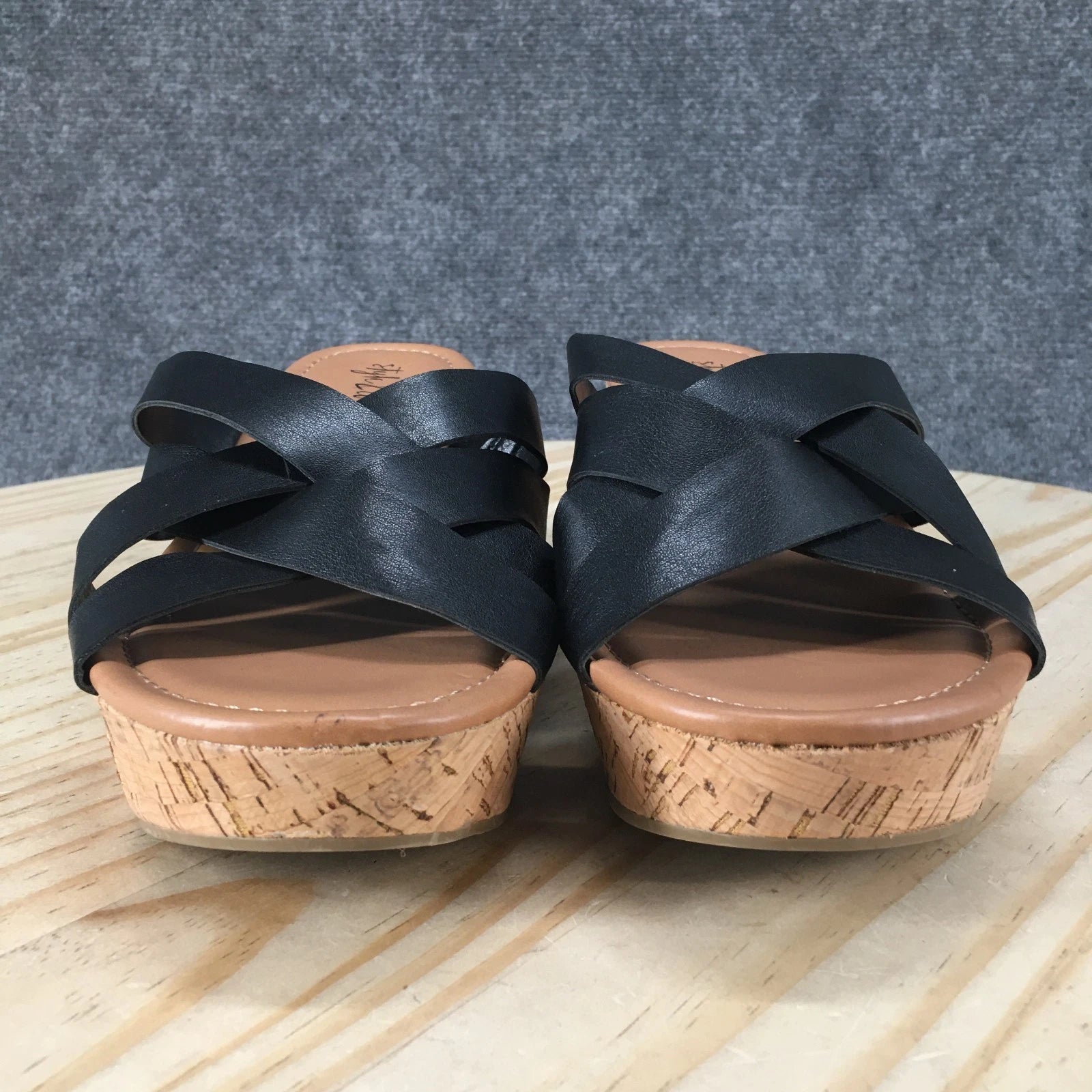 Style & Co. Sandals Womens 8 M Violette Wedge Slides Black Faux Leather Cork NEW