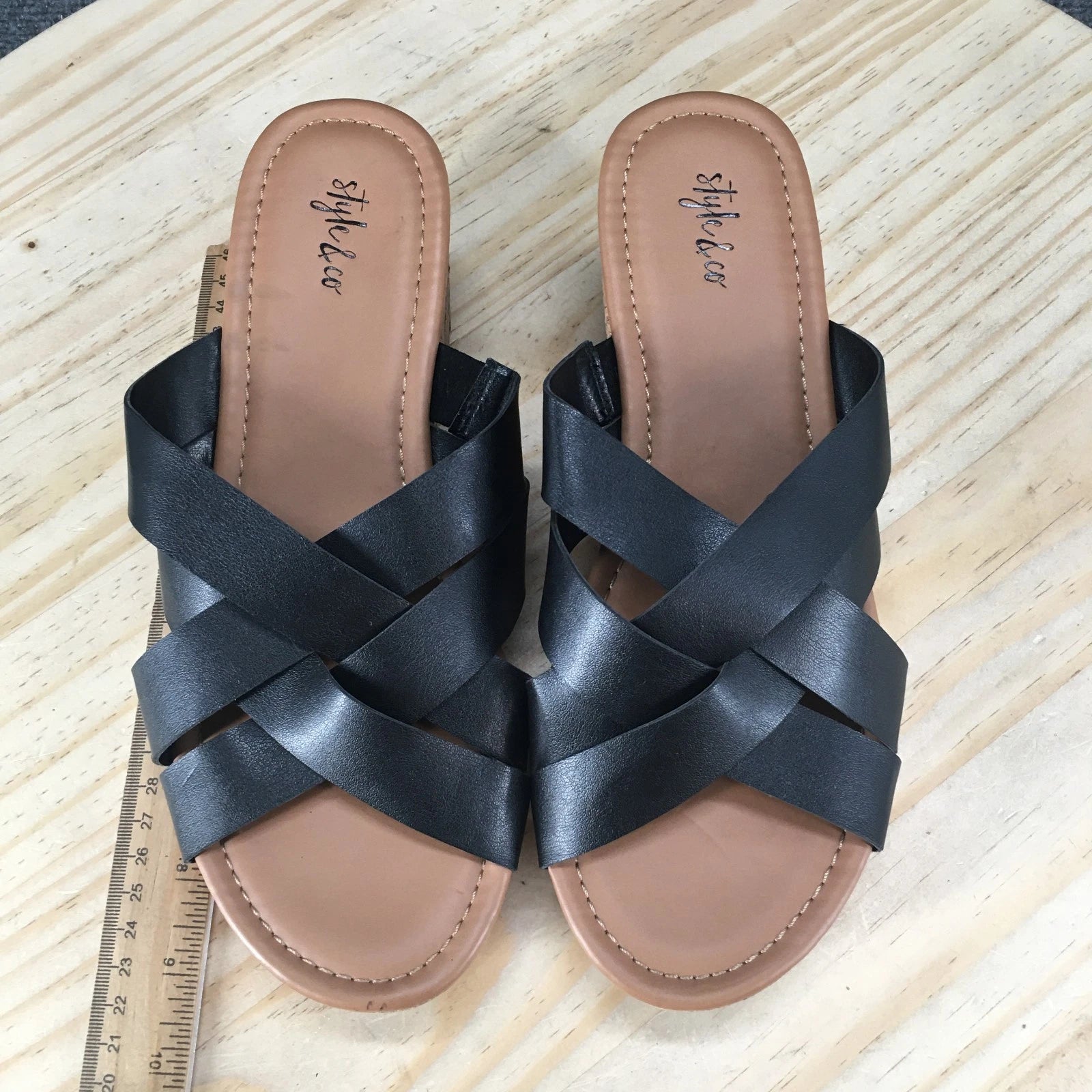 Style & Co. Sandals Womens 8 M Violette Wedge Slides Black Faux Leather Cork NEW