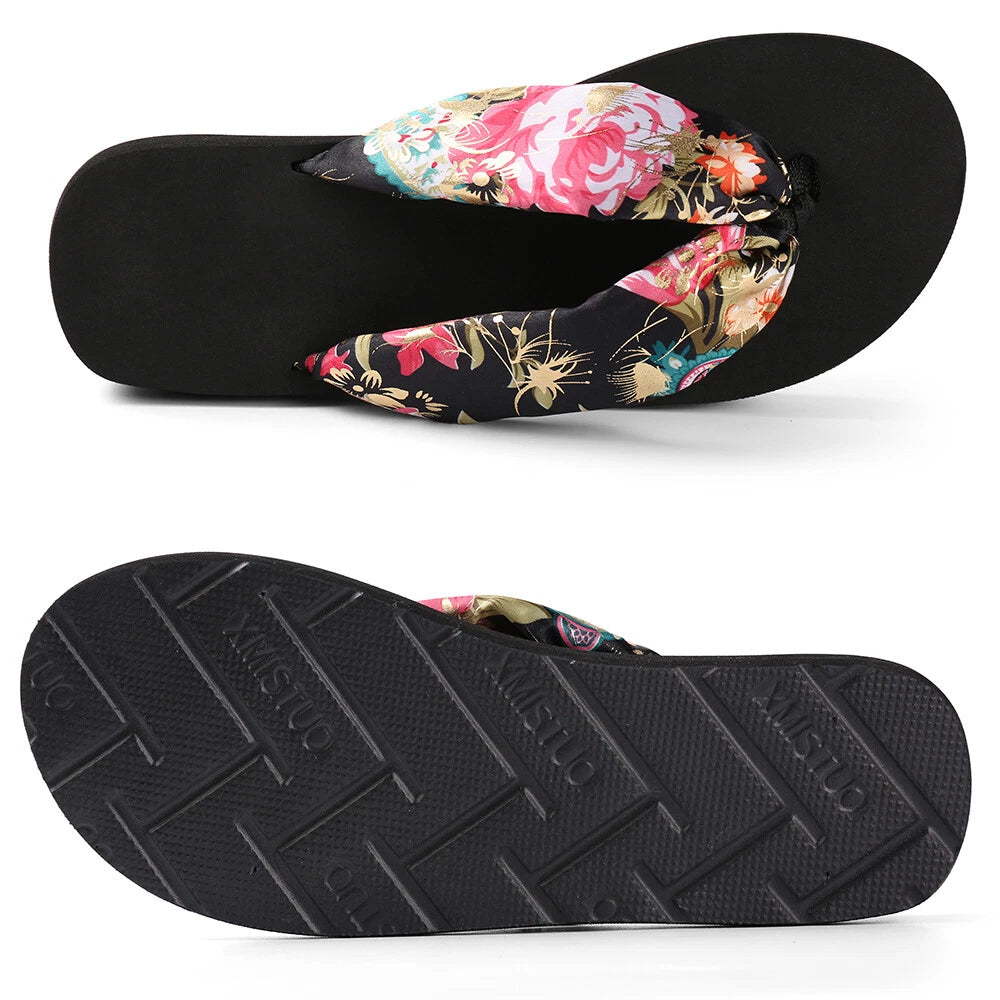 Women Fashion Floral Thong Flip Flops Summer Beach Anti Slip Black Sandals 7-8