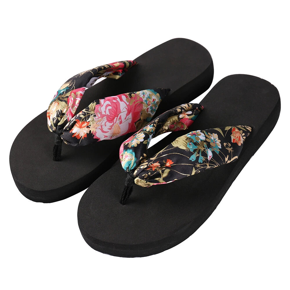 Women Fashion Floral Thong Flip Flops Summer Beach Anti Slip Black Sandals 7-8