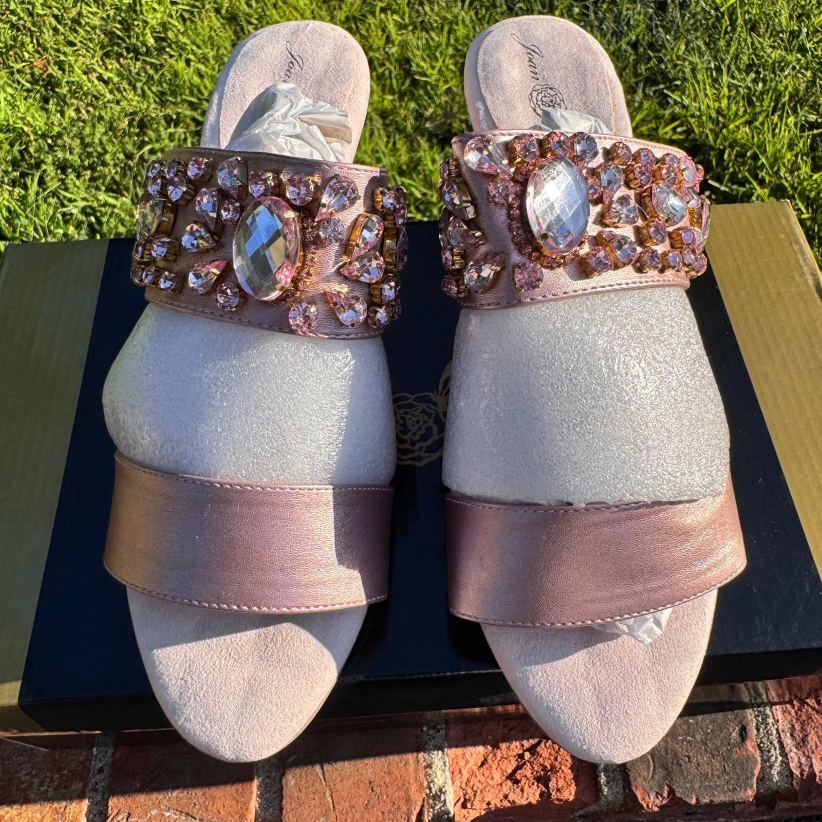 Joan Boyce Rosegold Jeweled Wedge Slides Size 7W Embellished Sandals New in Box