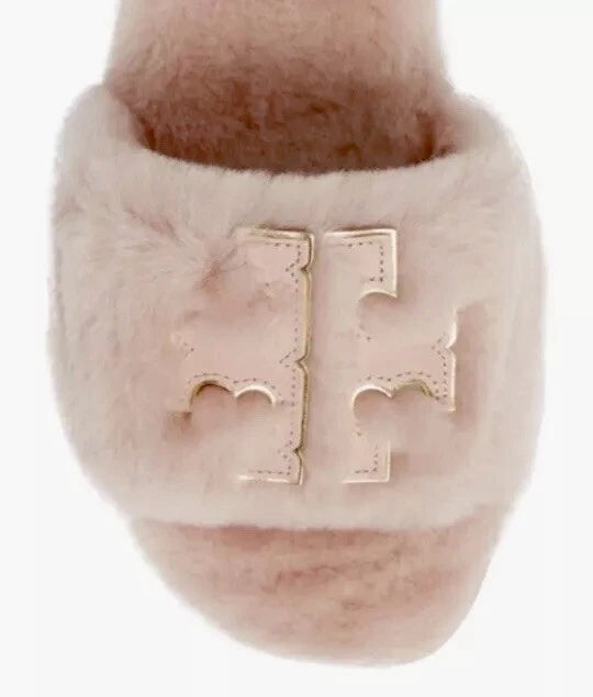 TORY BURCH SHEARLING SLIDE SANDAL SHELL PINK /GOLD TRIM DOUBLE LOGO SZ US 10 NIB