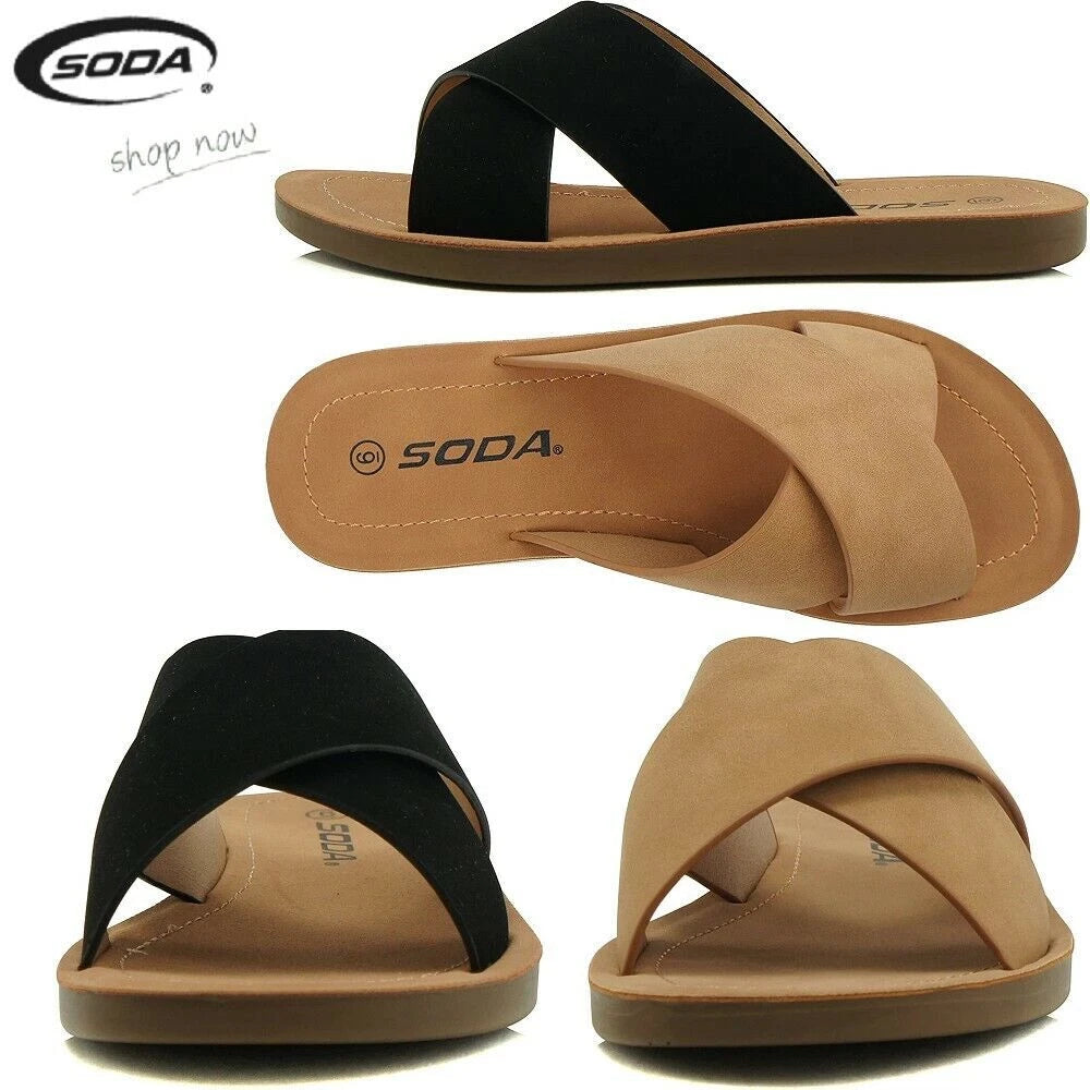 SODA-REFLECT-S NUBUCK PU X BANDS Flat Slide CASUAL Fashion Women Sandal Slip On