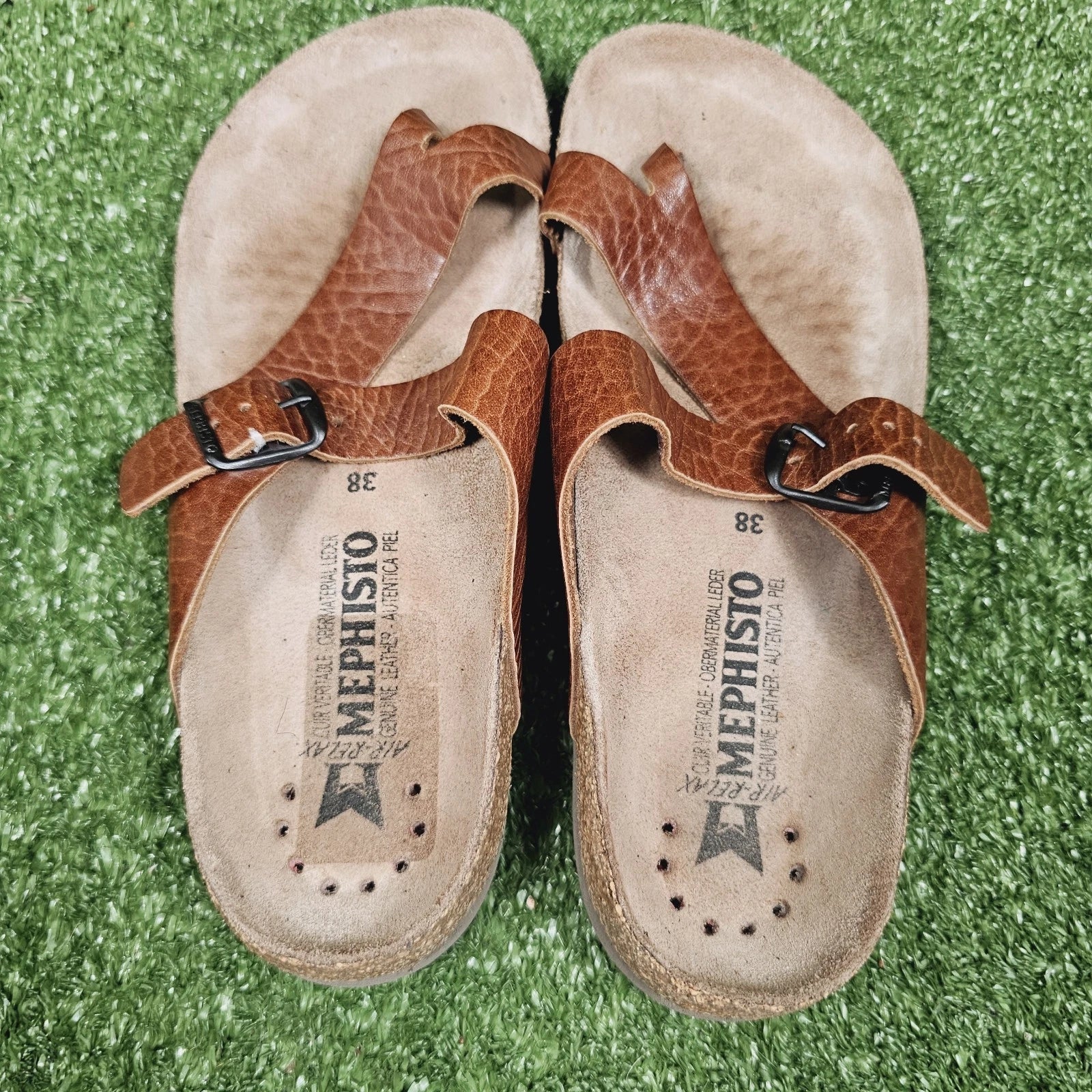 Mephisto Helen Brown Leather Toe Loop Flat Women Sandals Womens EU 38 US 8