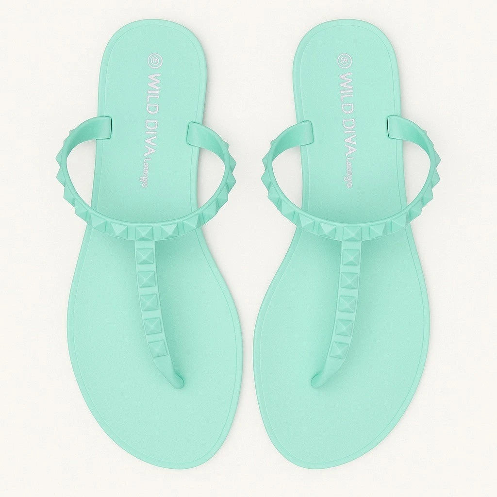 New 6 Fashion Nova Mint Green Studded T-Strap Matte Slide Sandals Pastel Flats