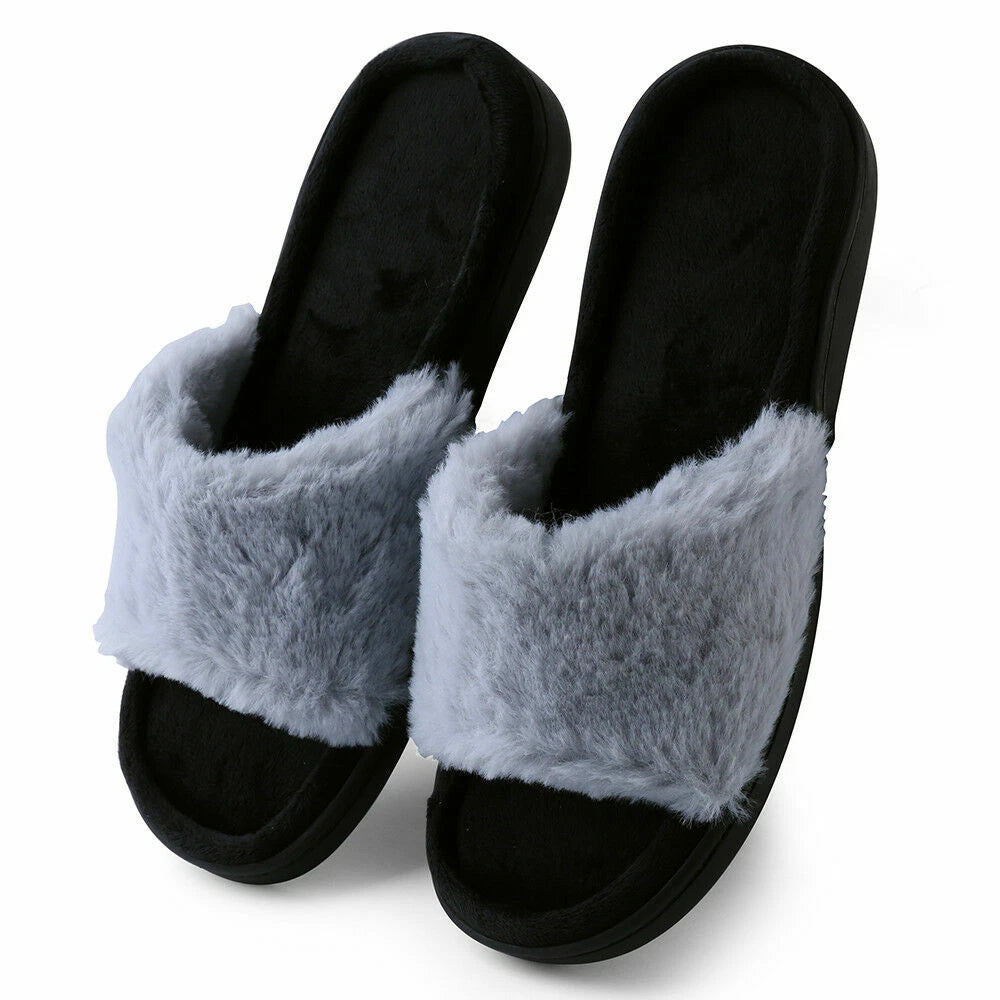 Women Fashion Warm Cozy Plush Indoor Anti Slip Slippers Open Toe Flat Sandals