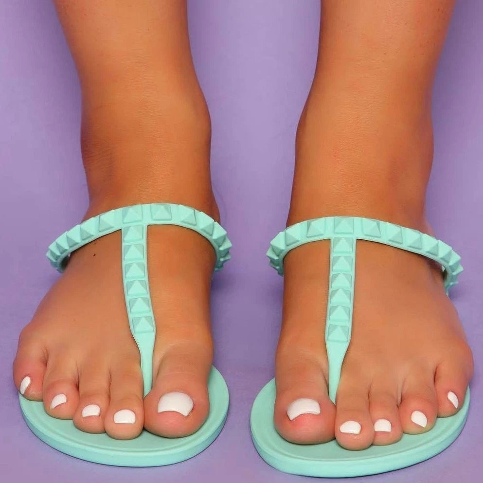 New 6 Fashion Nova Mint Green Studded T-Strap Matte Slide Sandals Pastel Flats