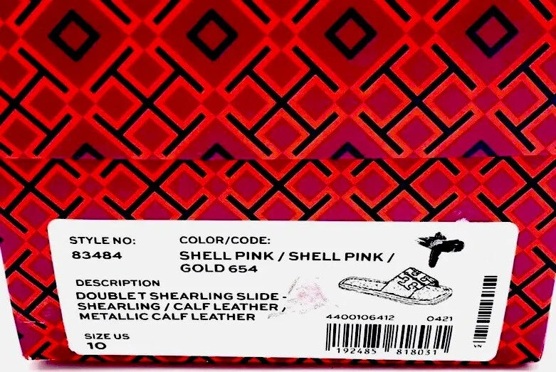 TORY BURCH SHEARLING SLIDE SANDAL SHELL PINK /GOLD TRIM DOUBLE LOGO SZ US 10 NIB